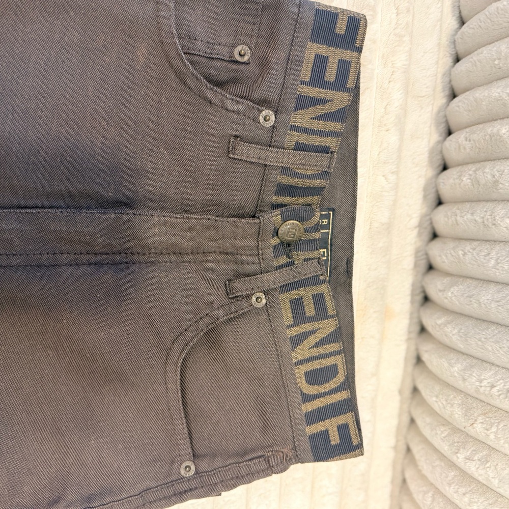 Fendi Slim Straight Jeans in Charcoal with Navy Branded Waistband
